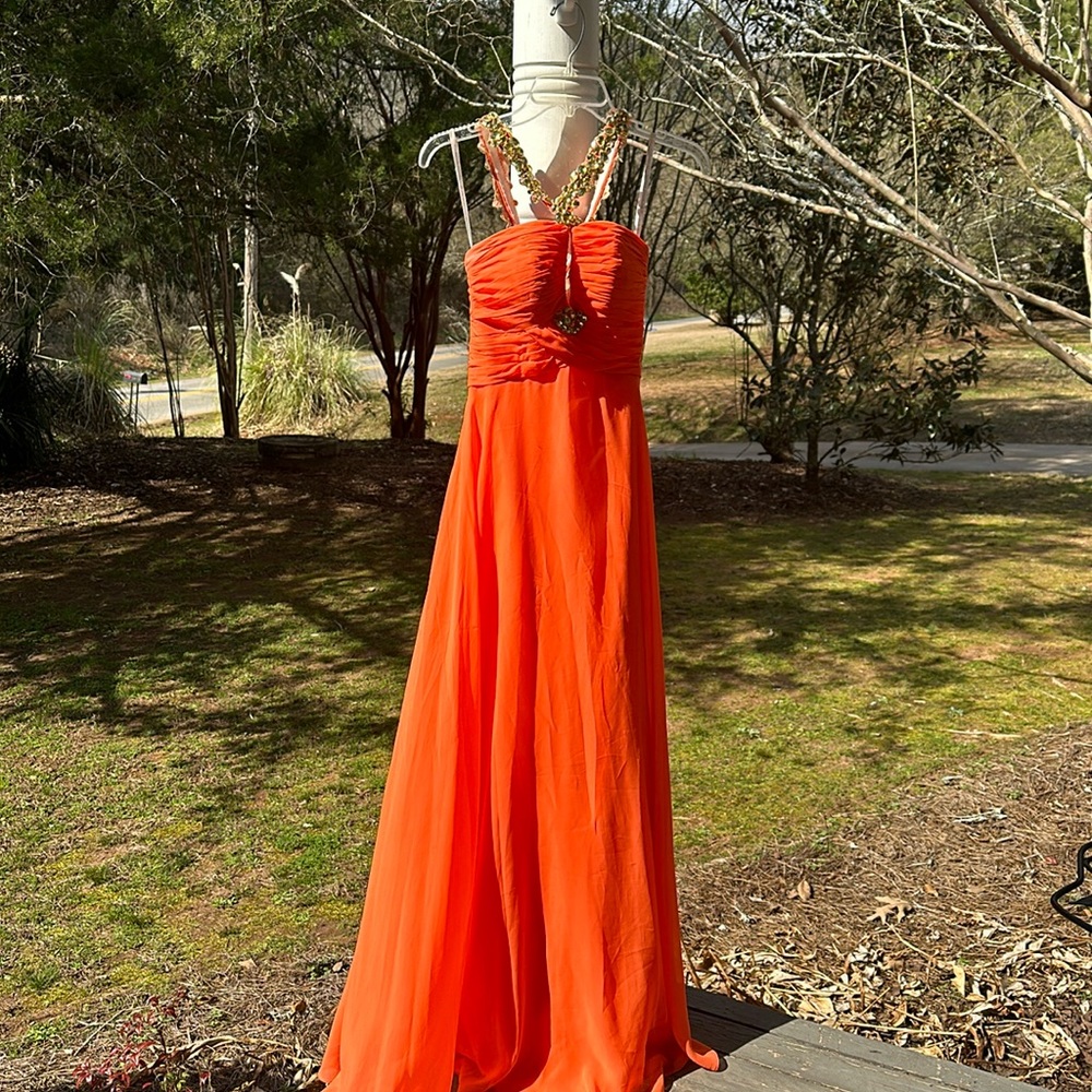 Flirt size 2 glamorous salmon orangish dress with gold jeweled neckline